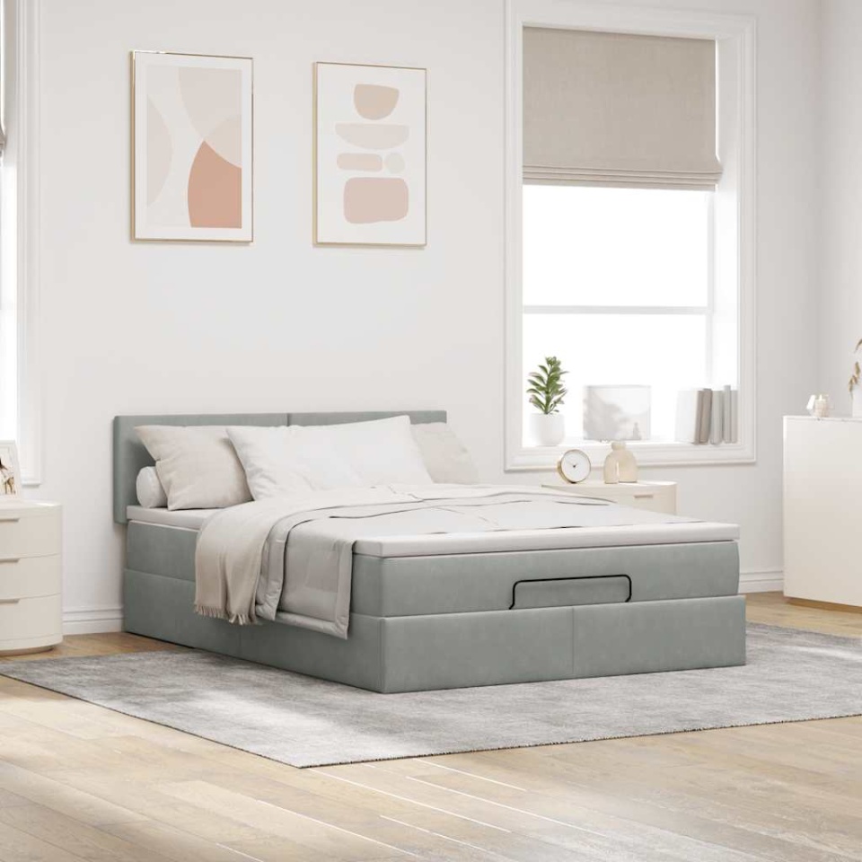 Cadru de pat otoman cu saltea Gri deschis 140x200cm catifea - 3 | YEO