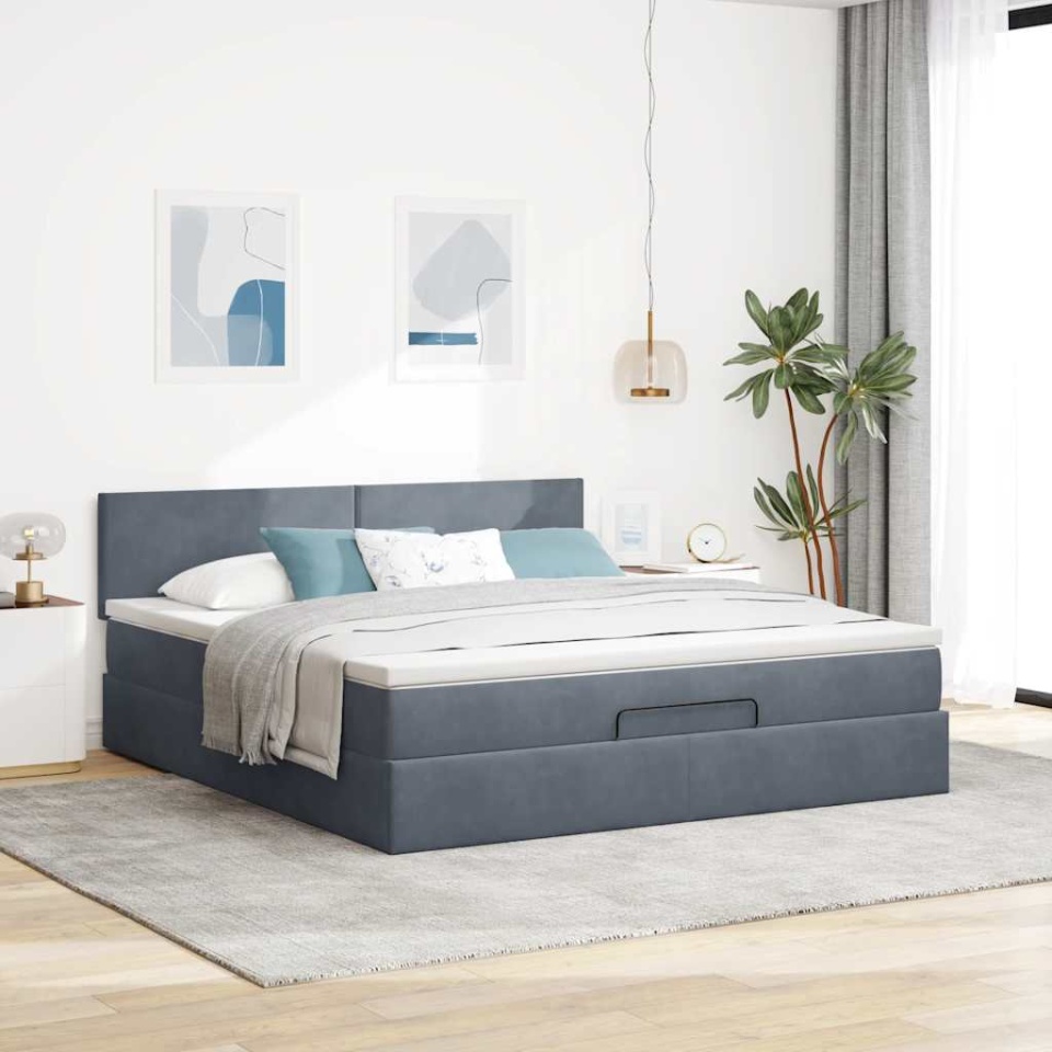 Cadru de pat otoman cu saltea Gri închis 160x200cm catifea - 3 | YEO