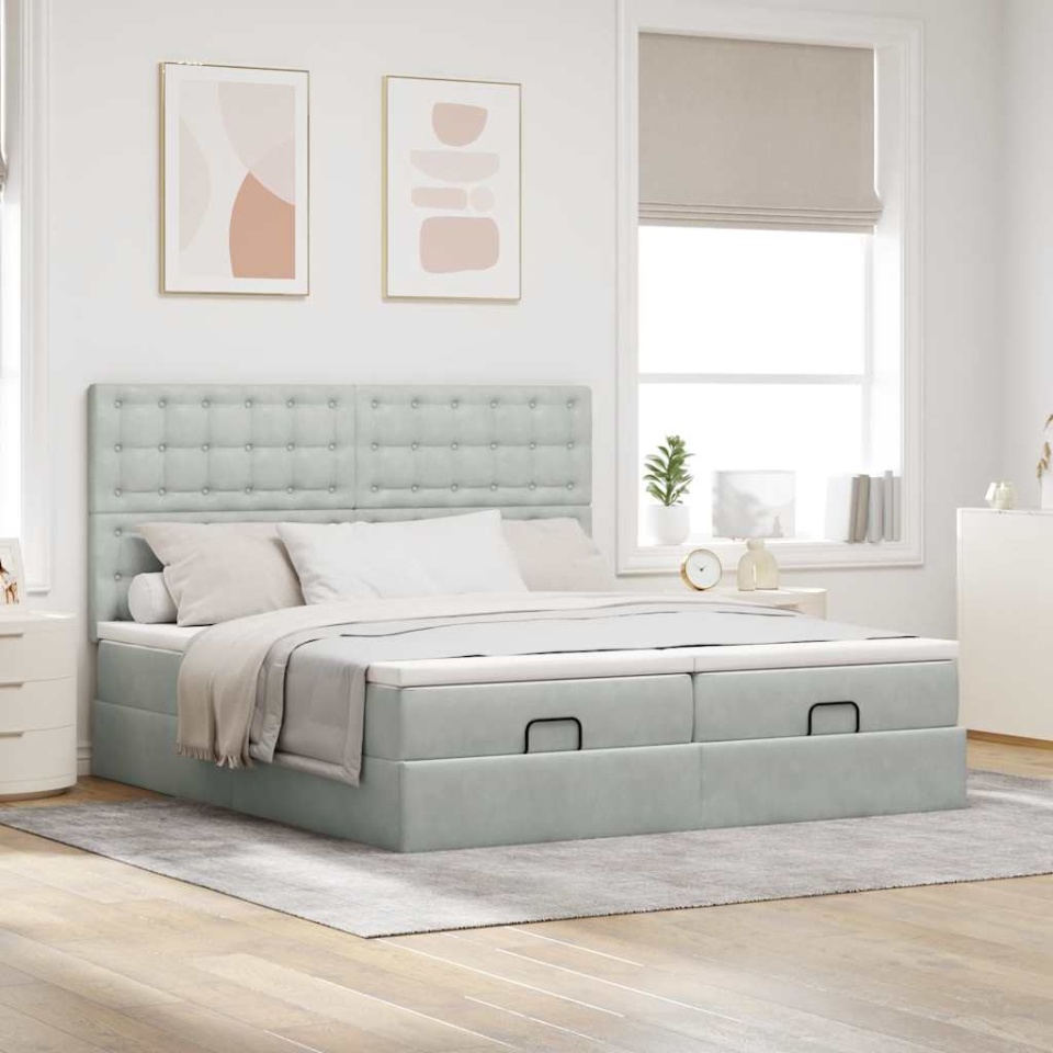 Cadru de pat otoman cu saltele Gri deschis 180x200cm catifea - 2 | YEO