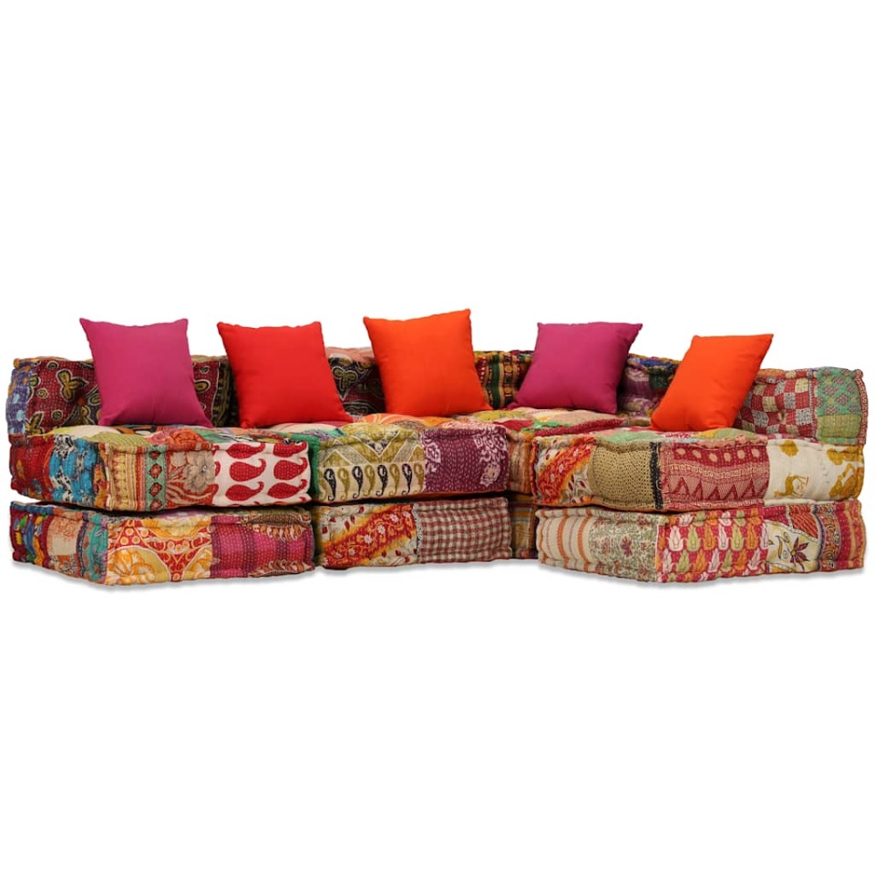 Canapea puf modulară cu 4 locuri, petice, material textil
