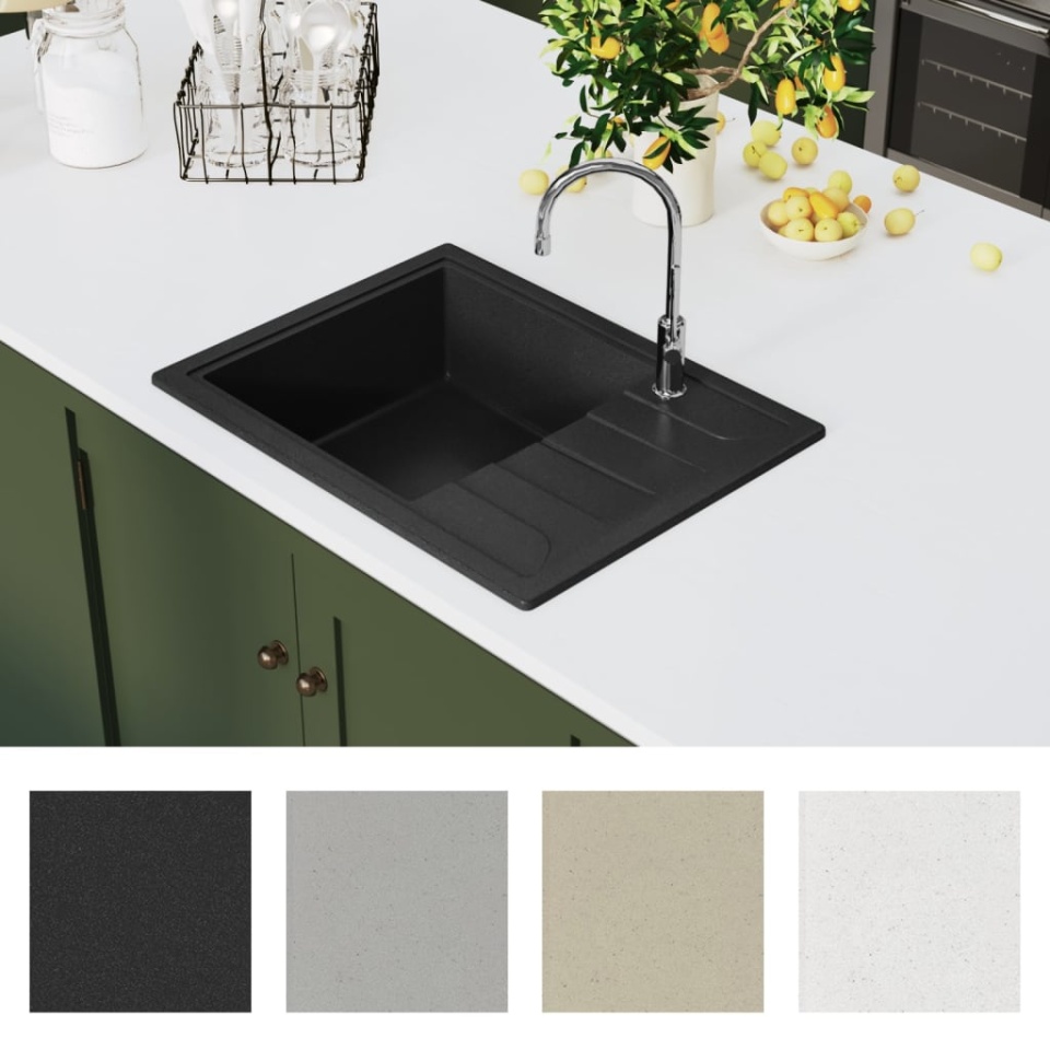 Chiuvetă de bucătărie cu orificiu de preaplin, negru, oval, granit - 2 | YEO