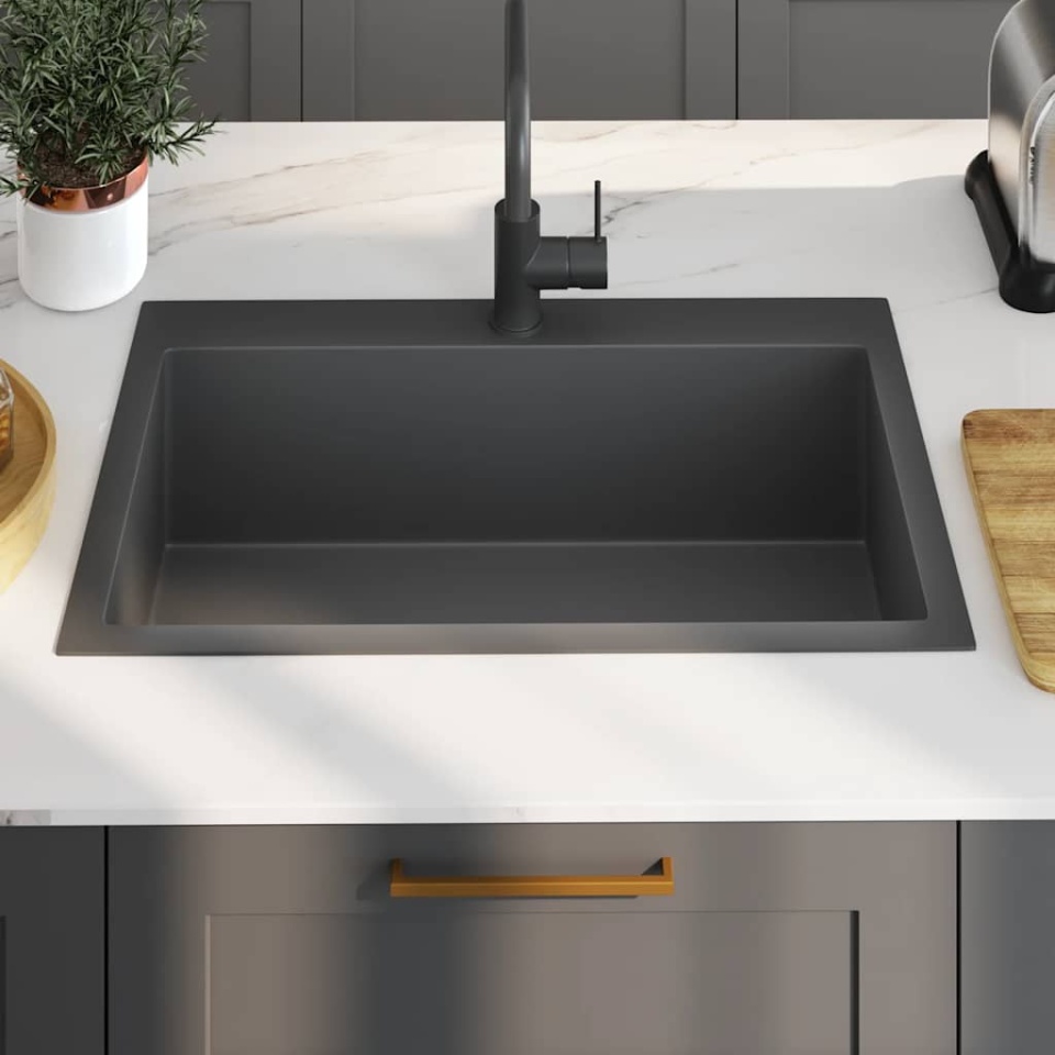 Chiuvetă de bucătărie lucrată manual, negru, oțel inoxidabil - 2 | YEO