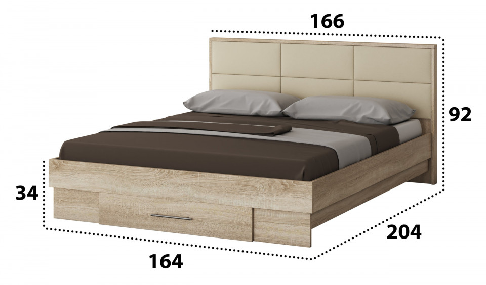 Dormitor Solano, sonoma, dulap 120 cm, pat cu tablie tapitata crem 160×200 cm, 2 noptiere, comoda - 3 | YEO