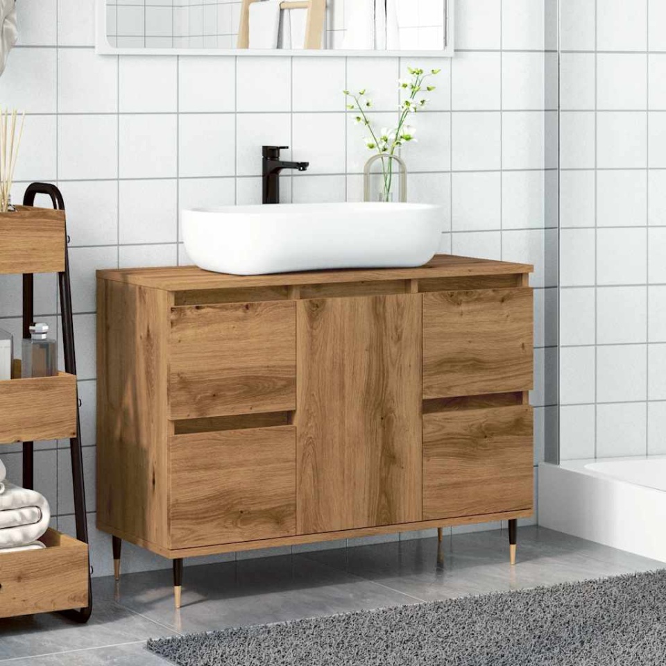 Dulap pentru baie stejar artizanal, 80x33x60 cm, lemn prelucrat - 2 | YEO
