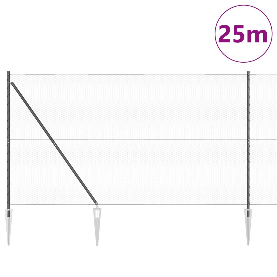 Gard Hexagonal Gri 1.6x25 m Oțel, Stâlpi pentru Gard cu Fixare Stabilă 13 buc Ø32 mm 180 cm Oțel Galvanizat - 2 | YEO