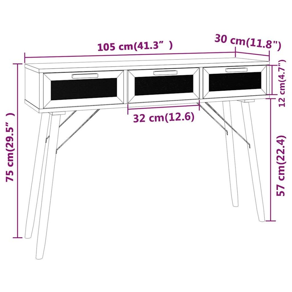 Masă consolă maro 105x30x75 cm lemn masiv pin și ratan natural