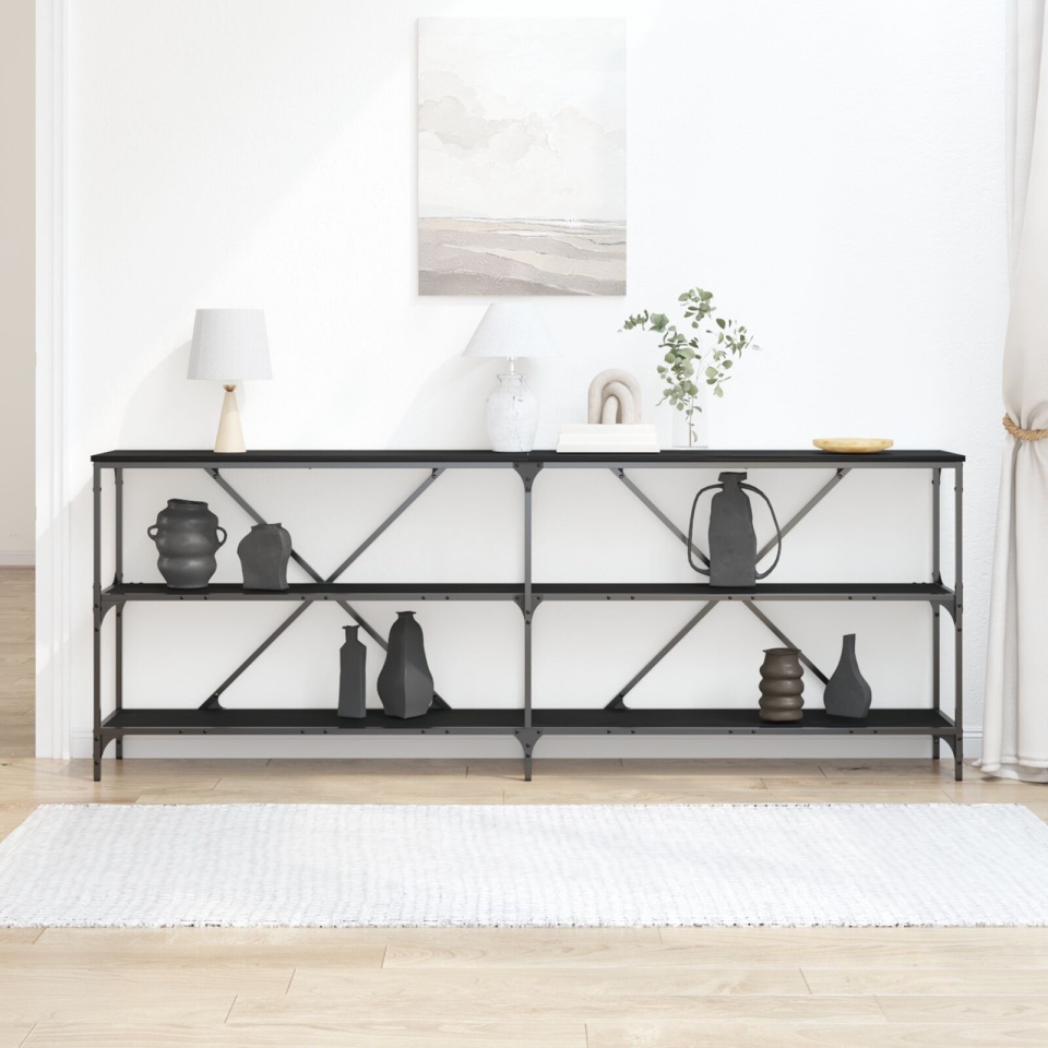 Masă de console Negru Stejar 200x30x75 cm Lemn compus și Oțel - 3 | YEO
