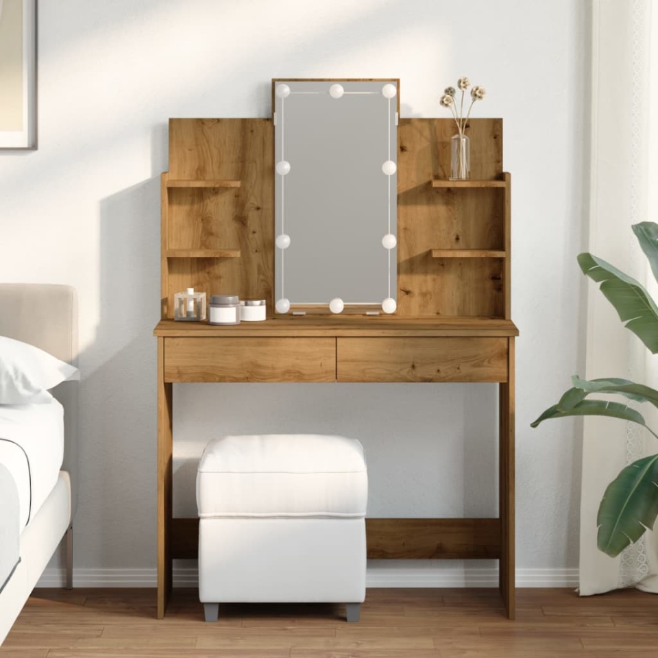 Masă de toaletă cu LED-uri, stejar artizanal, 96x40x142 cm - 2 | YEO