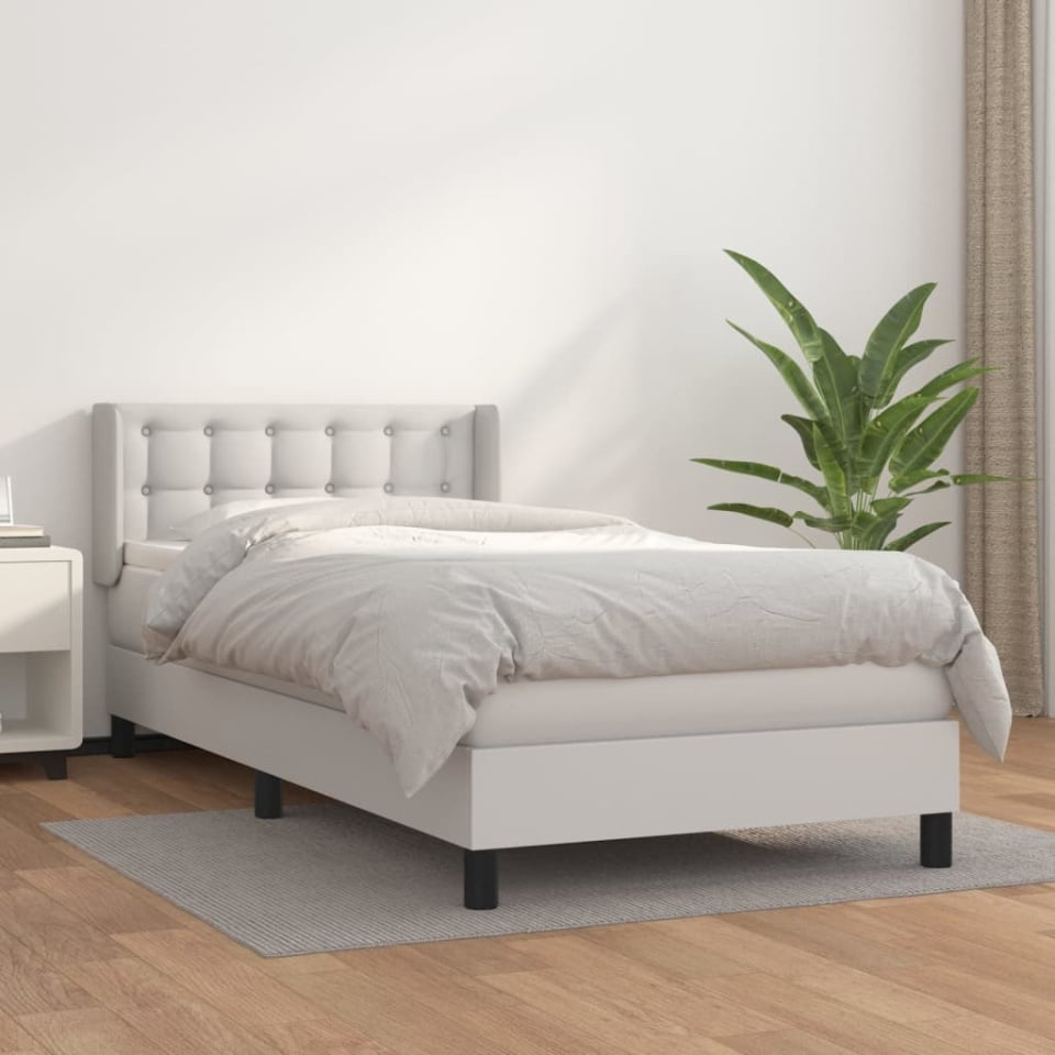 Pat box spring cu saltea, alb, 90x200 cm, piele ecologică