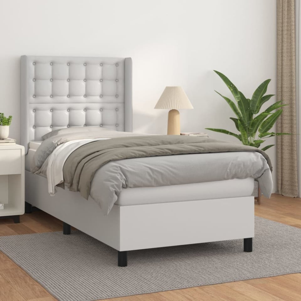 Pat box spring cu saltea, alb, 90x200 cm, piele ecologică