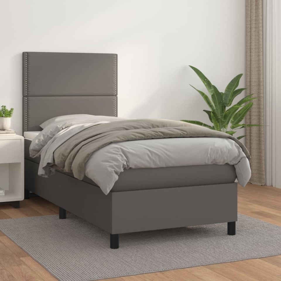 Pat box spring cu saltea, gri, 100x200 cm, piele ecologică