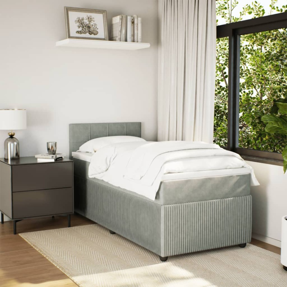 Pat box spring cu saltea, gri deschis, 100x200 cm, catifea - 2 | YEO