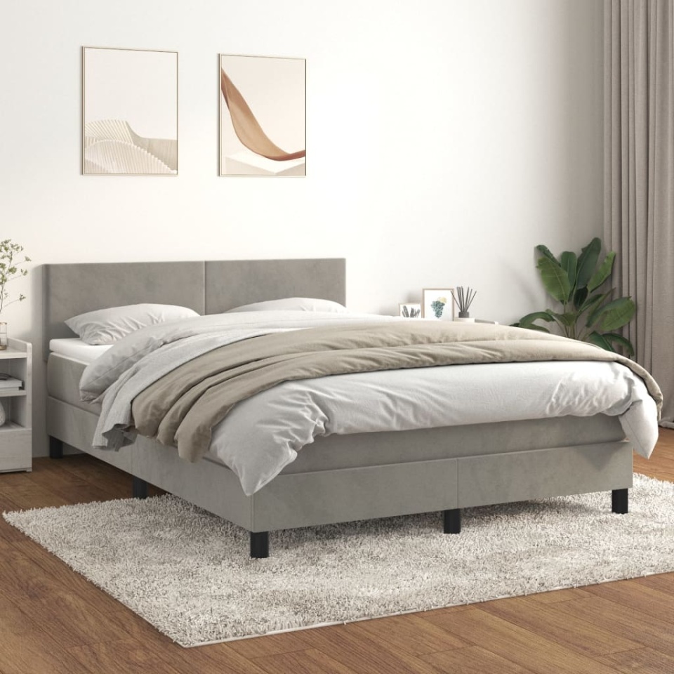 Pat box spring cu saltea, gri deschis, 140x190 cm, catifea