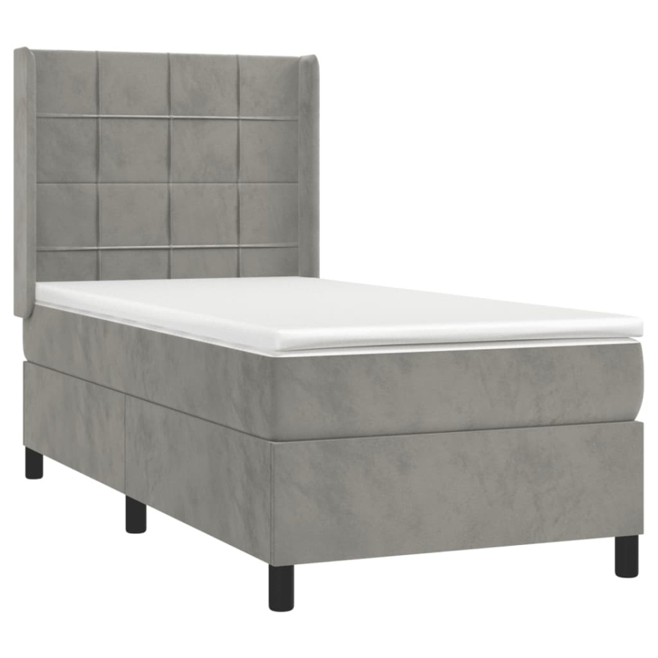 Pat box spring cu saltea, gri deschis, 90x190 cm, catifea - 2 | YEO