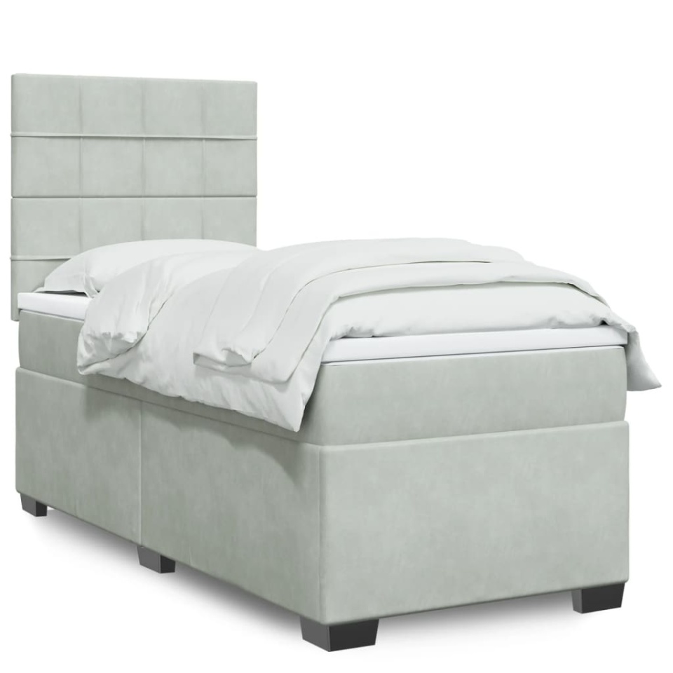 Pat box spring cu saltea, gri deschis, 90x200 cm, catifea