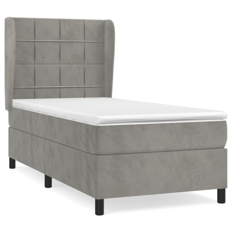 Pat box spring cu saltea, gri deschis, 90x200 cm, catifea - 1 | YEO