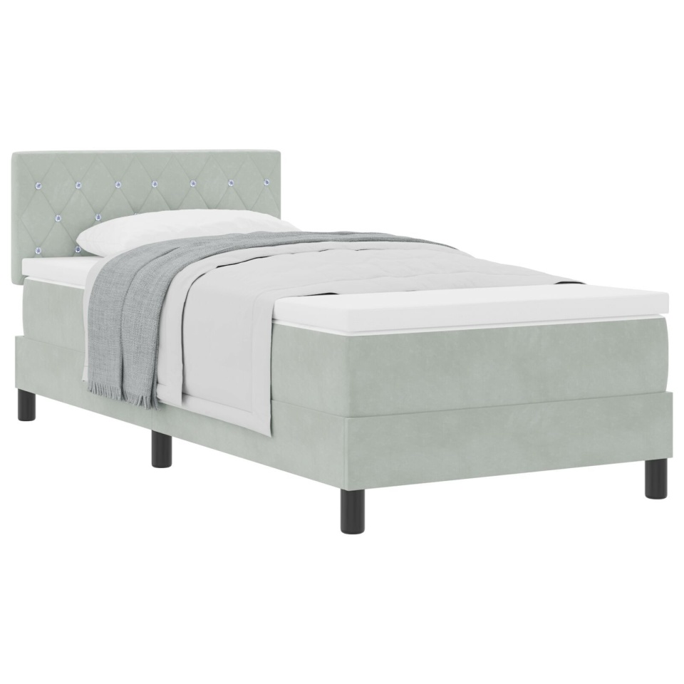 Pat box spring cu saltea, gri deschis, single, catifea - 1 | YEO