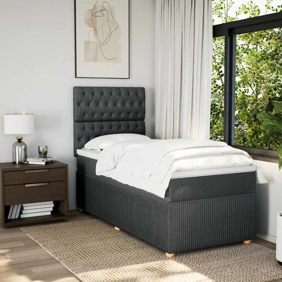 Pat box spring cu saltea, gri închis, 90x190 cm, textil