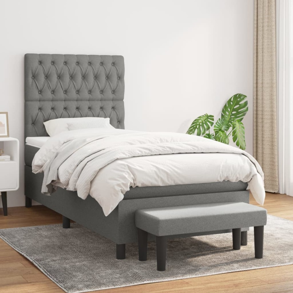 Pat box spring cu saltea, gri închis, 90x190 cm, textil