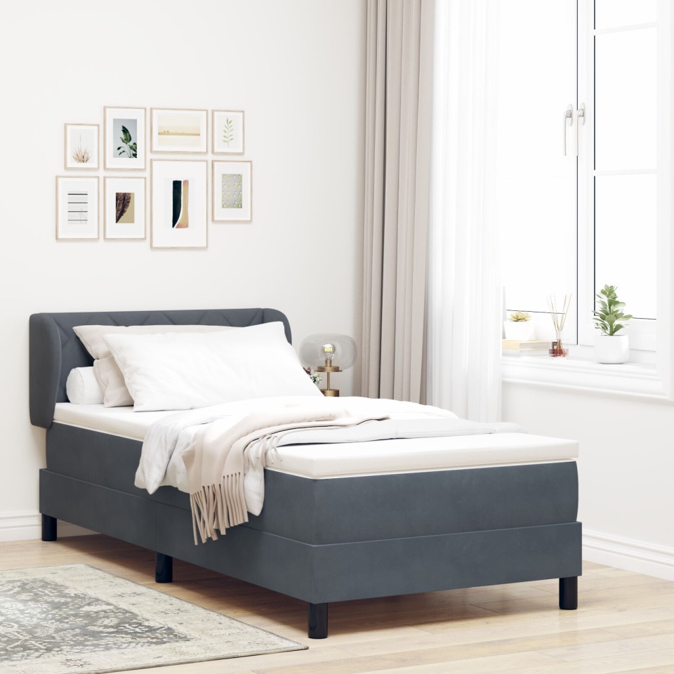 Pat box spring cu saltea, gri închis, 90x200 cm, catifea