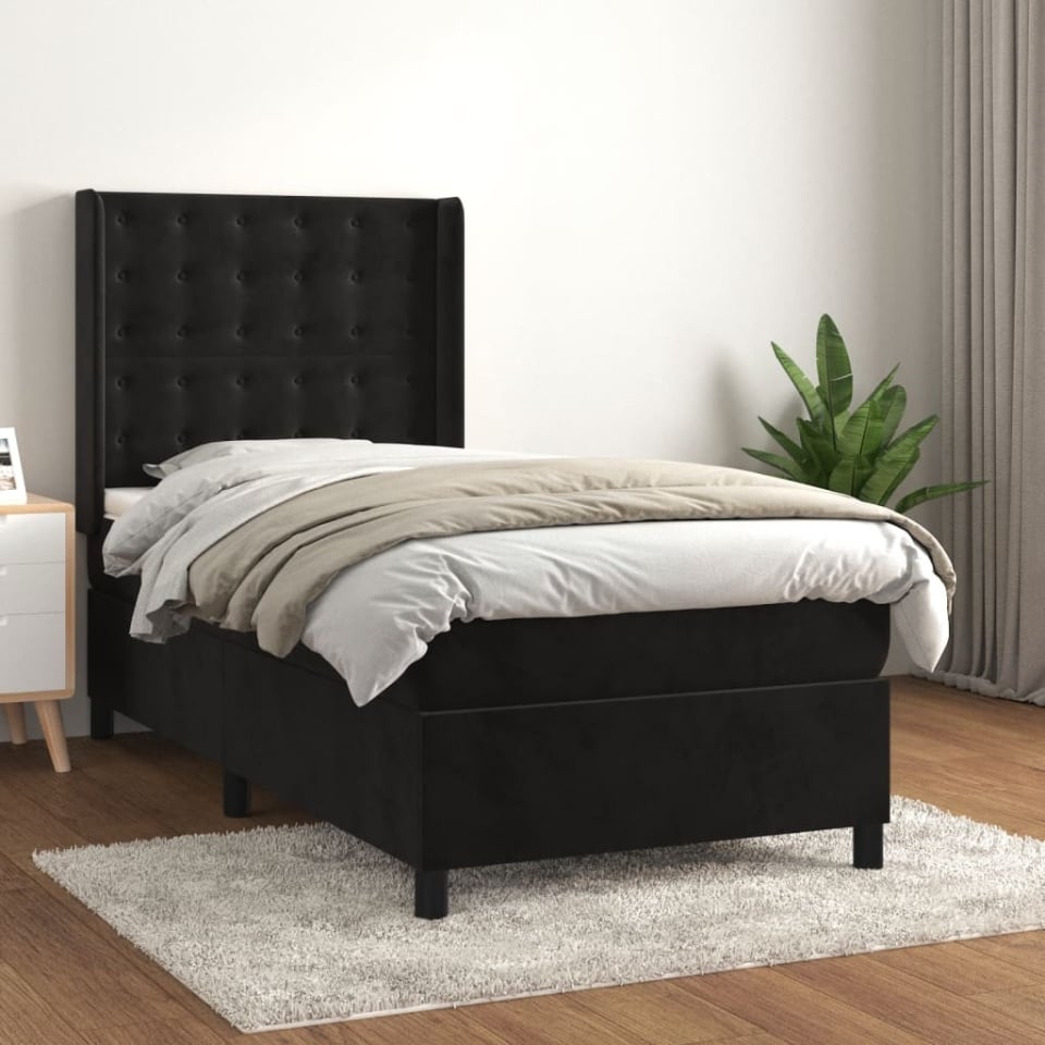 Pat box spring cu saltea, negru, 90x190 cm, catifea