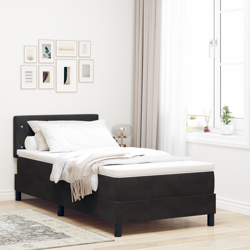 Pat box spring cu saltea, negru, single, catifea