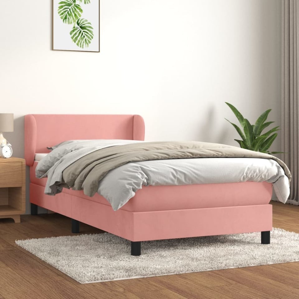 Pat box spring cu saltea, roz, 90x200 cm, catifea