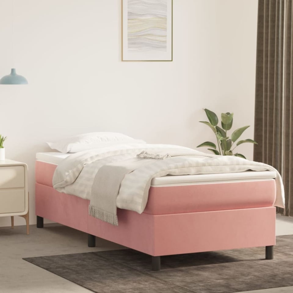 Pat box spring cu saltea, roz, 90x200 cm, catifea