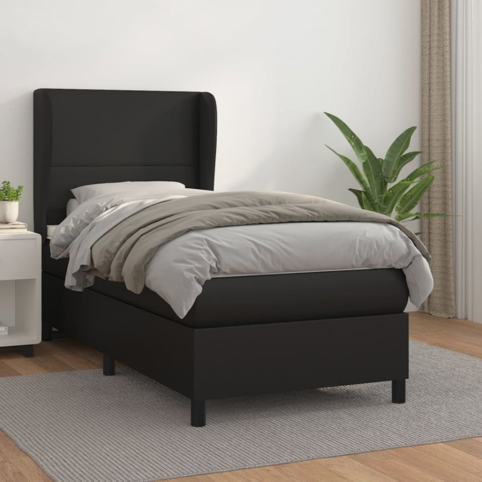 Pat continental cu saltea, negru, 80x200 cm, piele ecologică