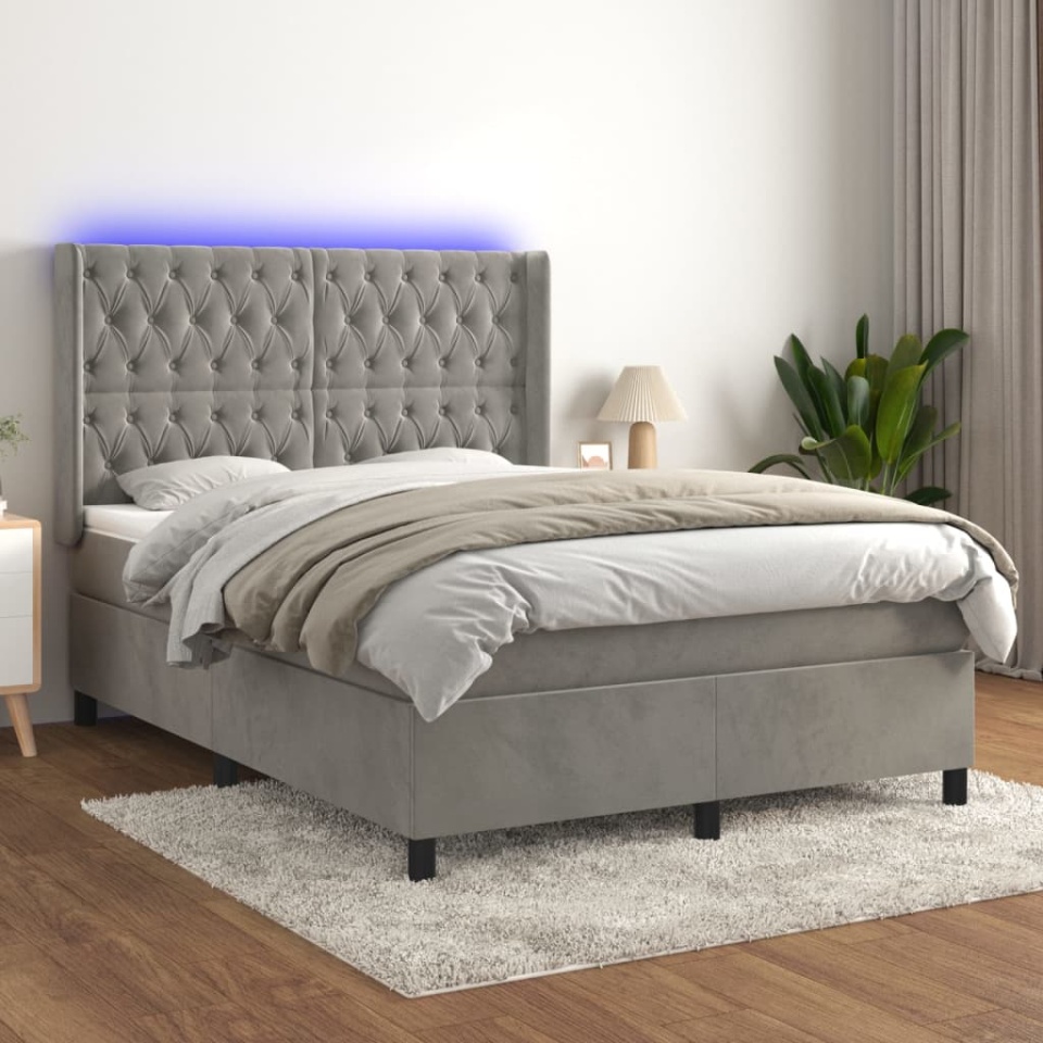 Pat continental cu saltea și LED gri deschis 140x190 cm catifea