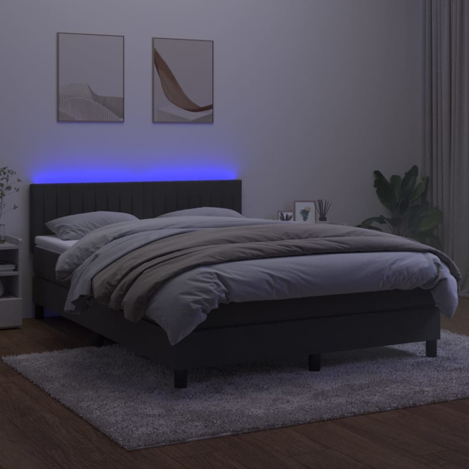Pat cu arcuri, saltea și LED, gri închis, 140x190 cm, catifea - 3 | YEO
