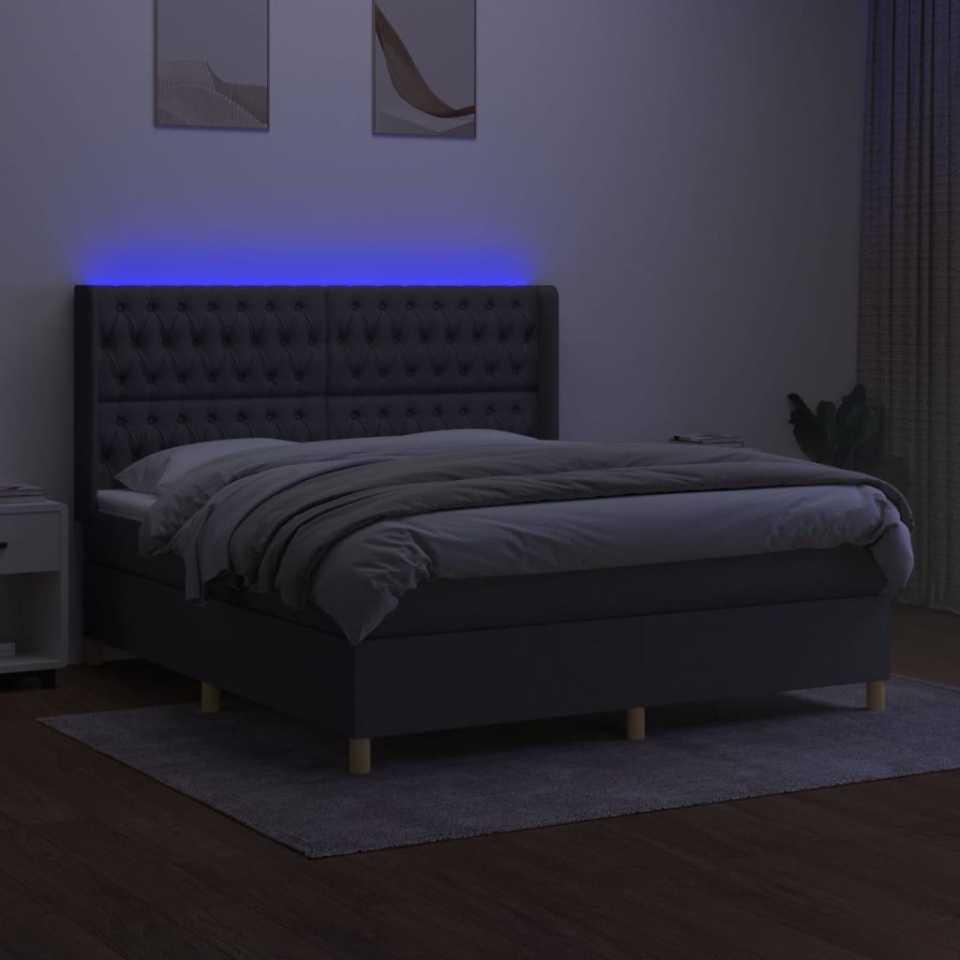 Pat cu arcuri, saltea și LED, gri închis, 180x200 cm, textil - 2 | YEO