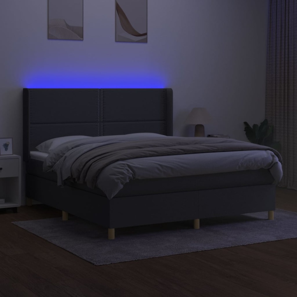Pat cu arcuri, saltea și LED, gri închis, 180x200 cm, textil - 2 | YEO