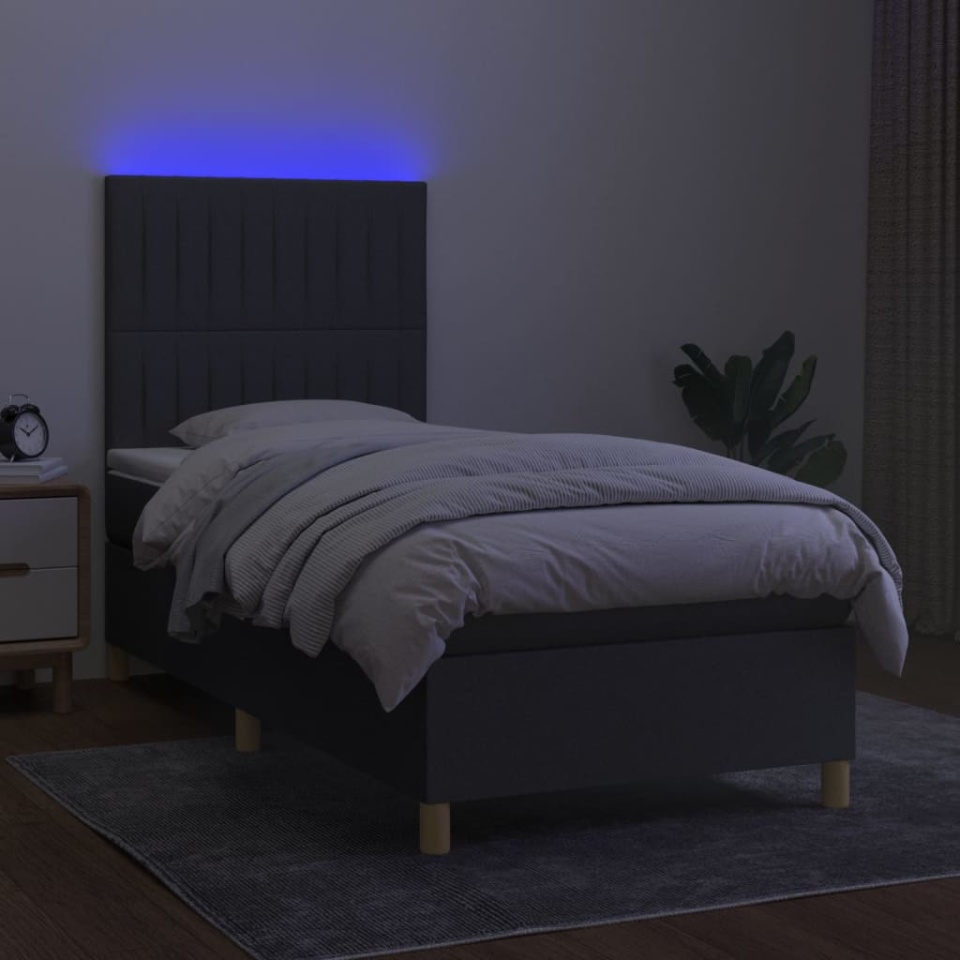 Pat cu arcuri, saltea și LED, gri închis, 90x190 cm, textil - 3 | YEO
