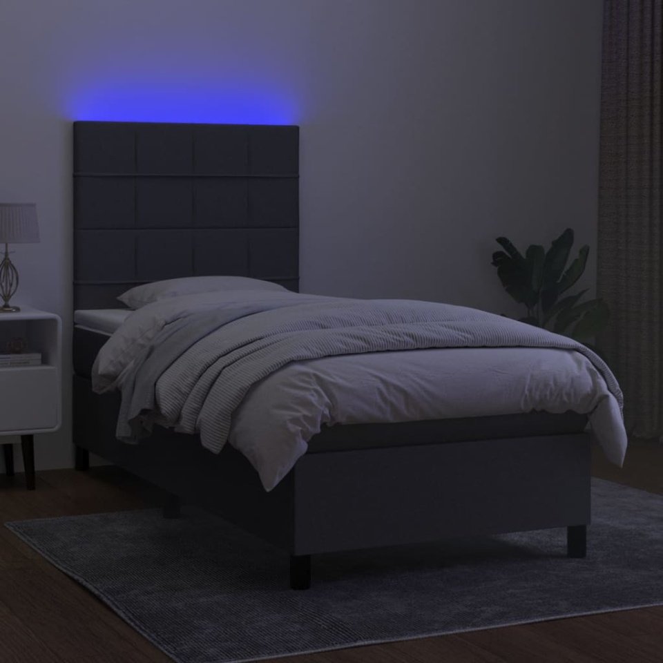Pat cu arcuri, saltea și LED, gri închis, 90x190 cm, textil - 3 | YEO