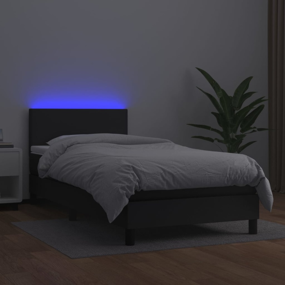 Pat cu arcuri, saltea și LED, negru, 90x190 cm, piele ecologică - 3 | YEO
