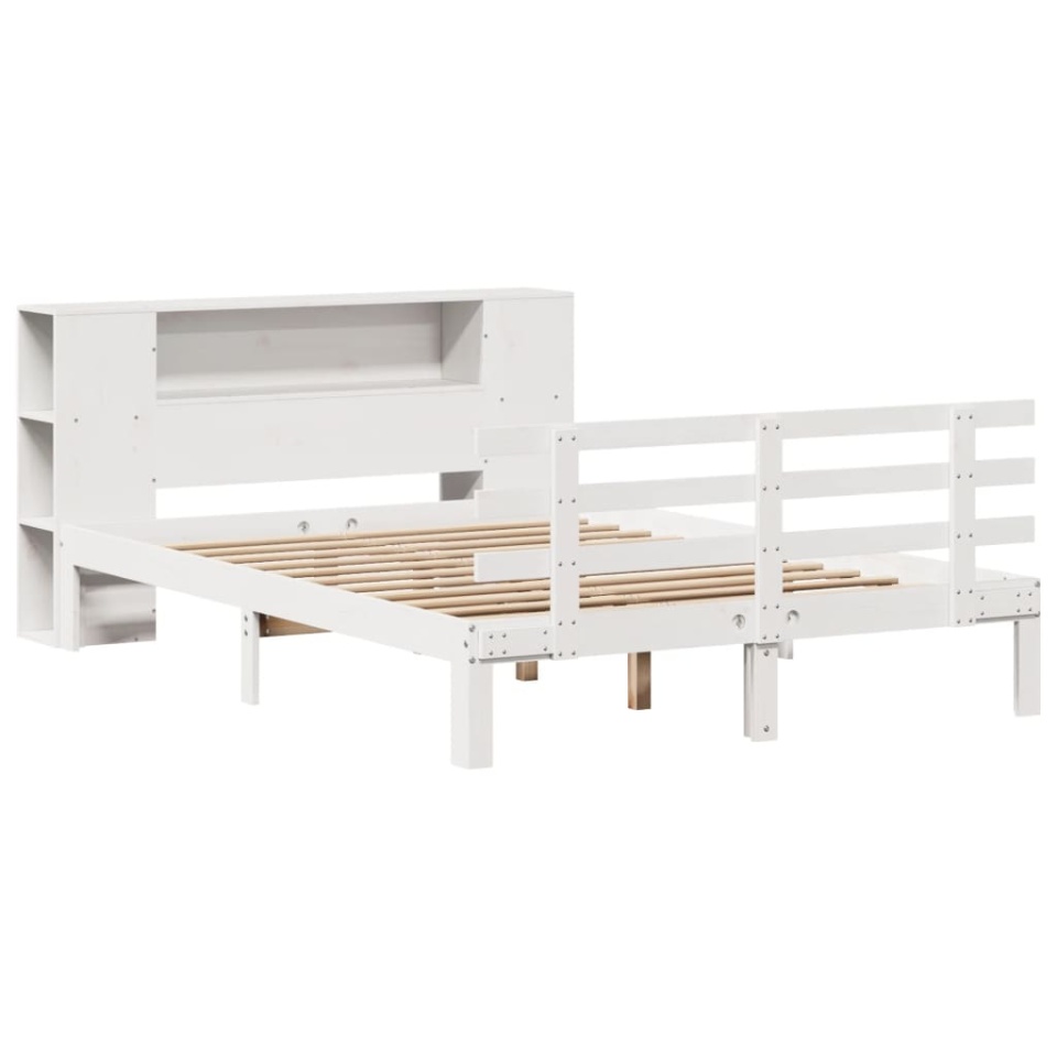 Pat cu bibliotecă fără saltea, alb, 140x190 cm, lemn masiv pin - 2 | YEO