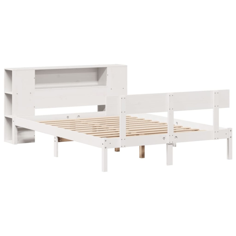 Pat cu bibliotecă fără saltea, alb, 140x190 cm, lemn masiv pin - 2 | YEO