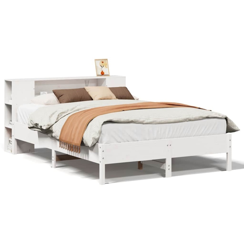 Pat cu bibliotecă fără saltea, alb, 140x190 cm, lemn masiv pin - 1 | YEO