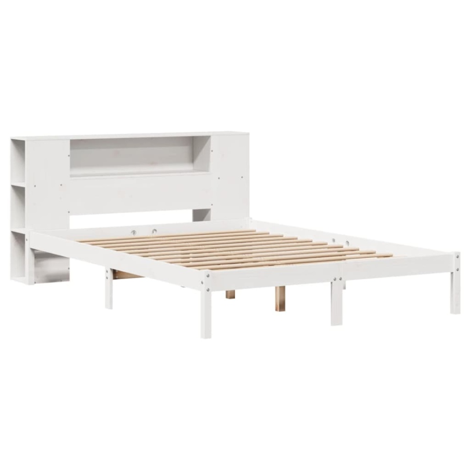 Pat cu bibliotecă fără saltea, alb, 140x190 cm, lemn masiv pin - 2 | YEO