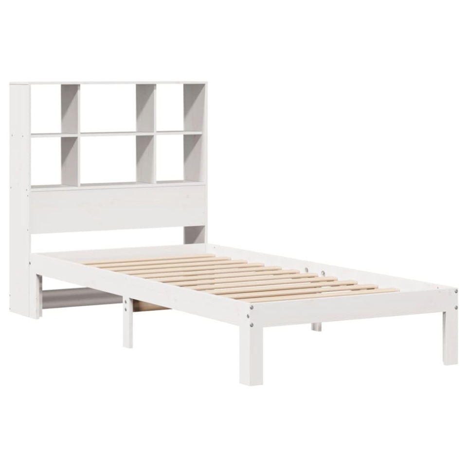 Pat cu bibliotecă fără saltea, alb, 90x200 cm, lemn masiv pin - 2 | YEO