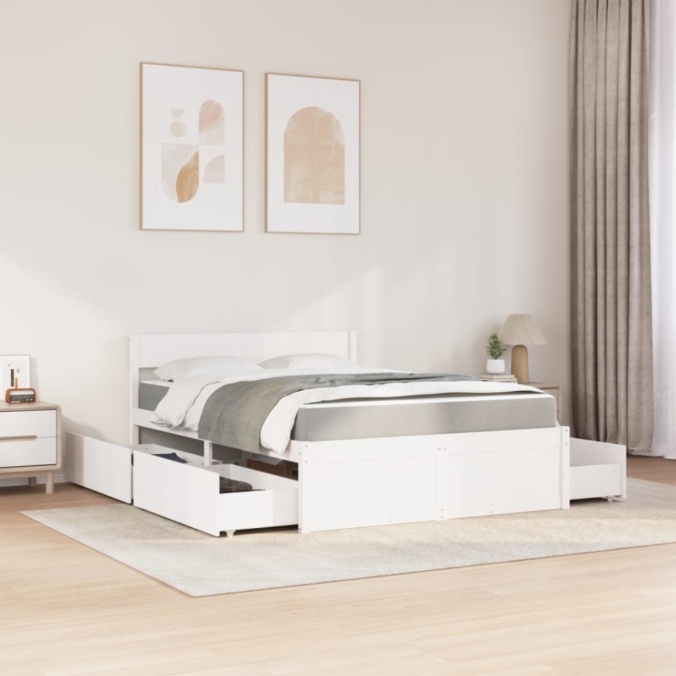 Pat cu sertare saltea, alb, 120x200 cm, lemn masiv pin - 2 | YEO
