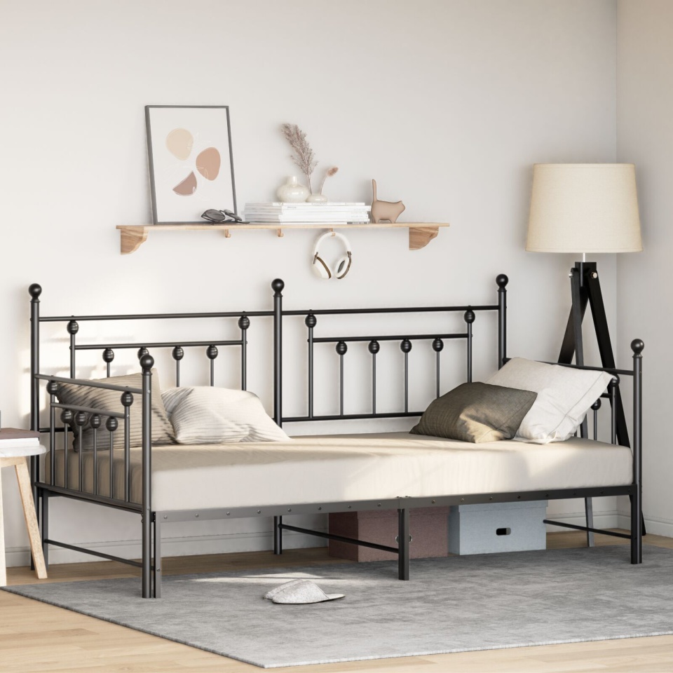 Pat daybed cu trundle negru, 90x200 cm, din oțel