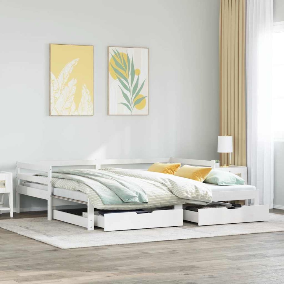 Pat de zi cu sertare, alb, 90x200 cm, lemn masiv pin