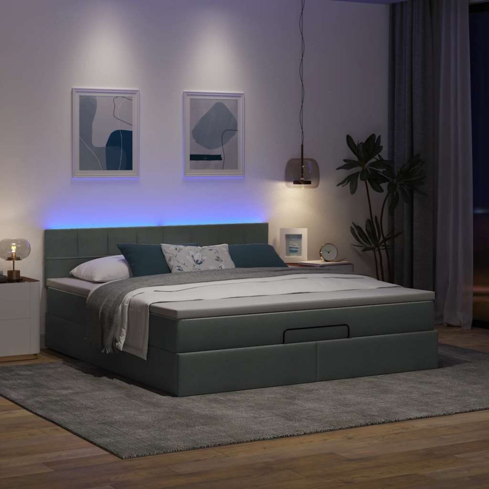 Pat otoman cu saltea și LED-uri, gri închis, 180x200cm, textil - 2 | YEO