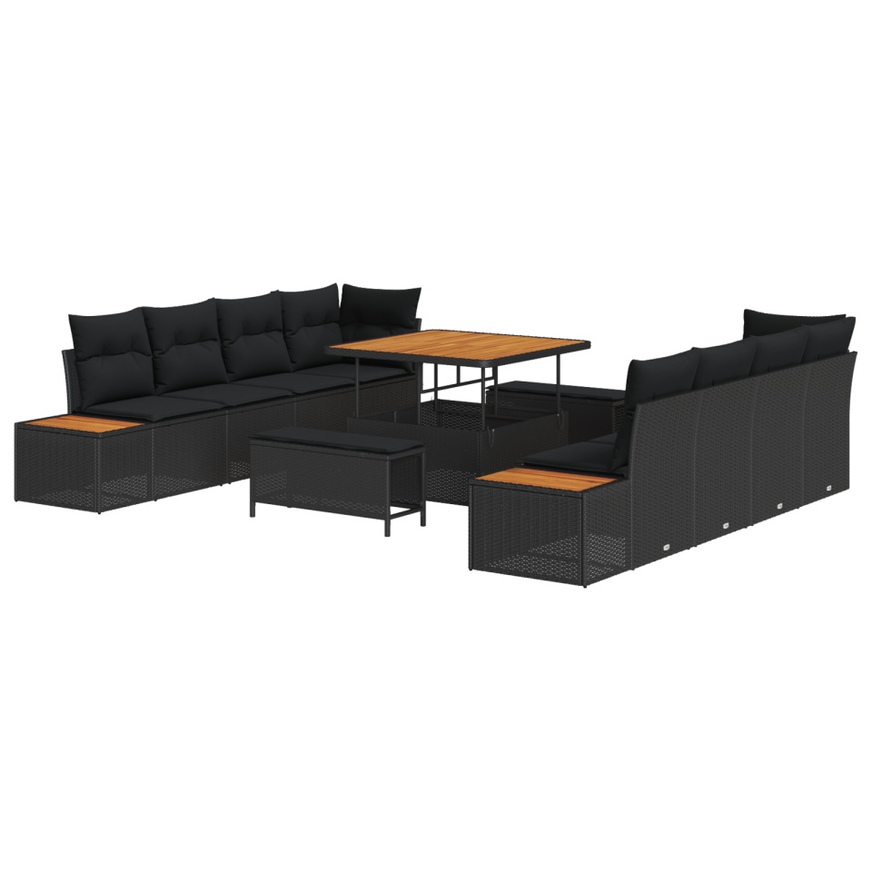 Set 11 Piese Sofa Grădină cu Perne Ratan Poli Acacia Negru, Set 3 Piese Masă Grădină cu Perne Ratan Poli Acacia Negru - 1 | YEO