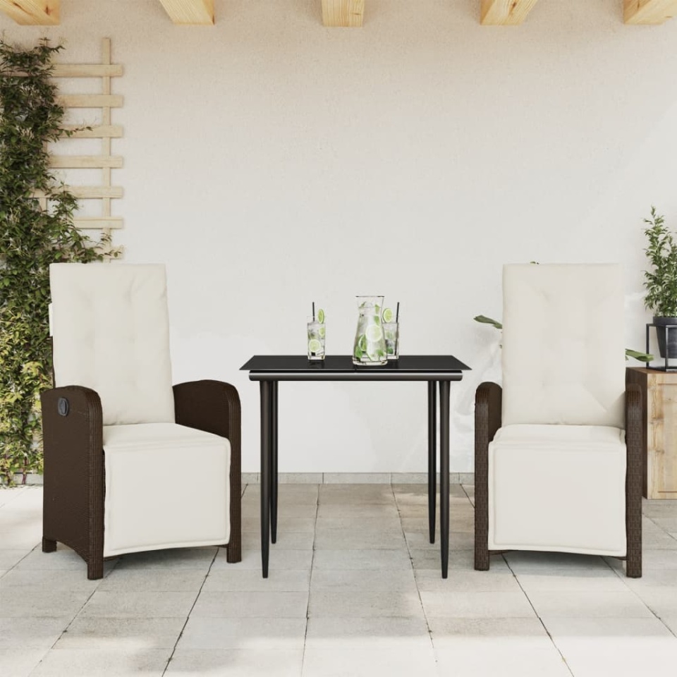Set bistro cu perne, 3 piese, maro, poliratan