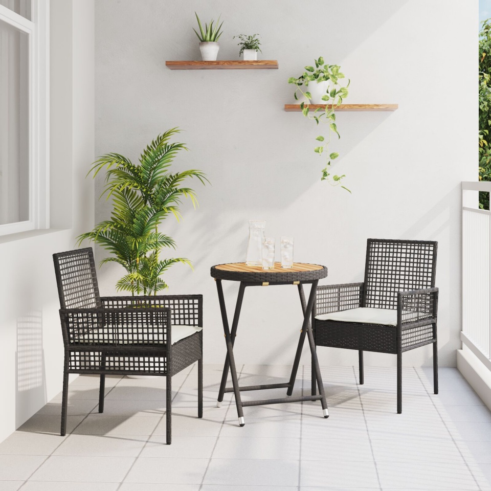 Set Bistro de Grădină 3 Piese cu Perne Negru Poliratan