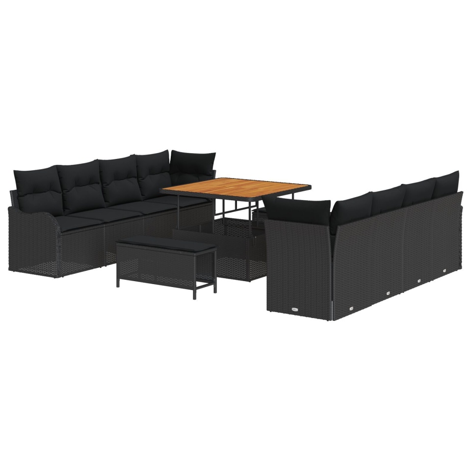 Set canapea de grădină cu 11 piese și perne - Poliratan negru Acacia, Canapea de grădină cu 2 locuri și spațiu de depozitare cu perne - Poliratan negru, Set dining de grădină cu 3 piese și perne - Poliratan negru Acacia - 1 | YEO