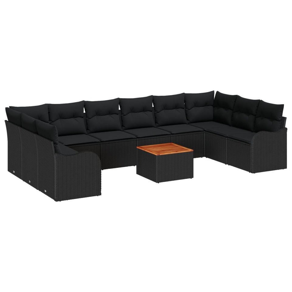Set canapea grădină 10 piese cu perne Ratan polyester negru Acacia, Canapea grădină 2 locuri cu perne Ratan polyester negru - 1 | YEO